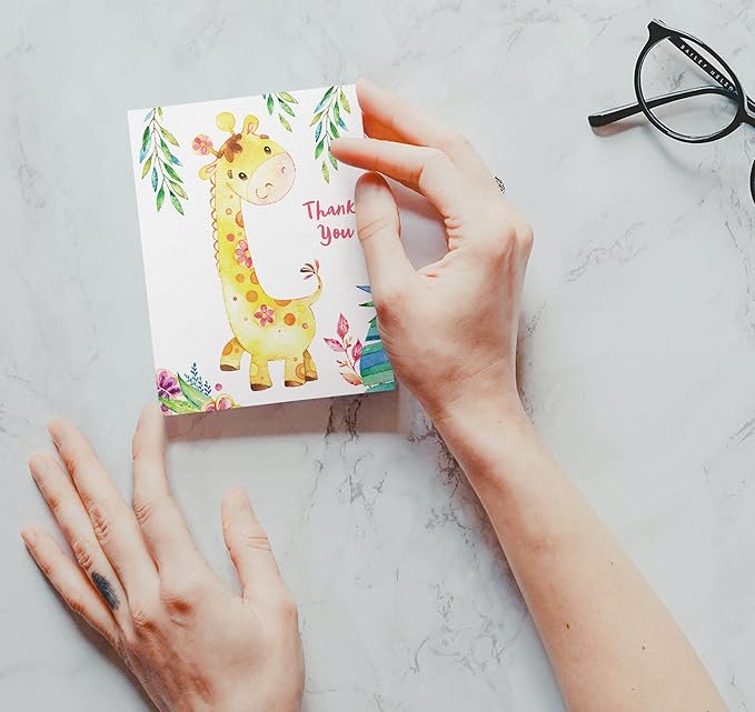 Twigs Baby Shower Thank You Cards with Envelopes - 12 Set Simple Baby Shower Cards, New Baby Congratulations Cards, Welcome Baby Card, Made in the USA - Jungle Animal Designs, 5.5 x 4.25 Inch Size