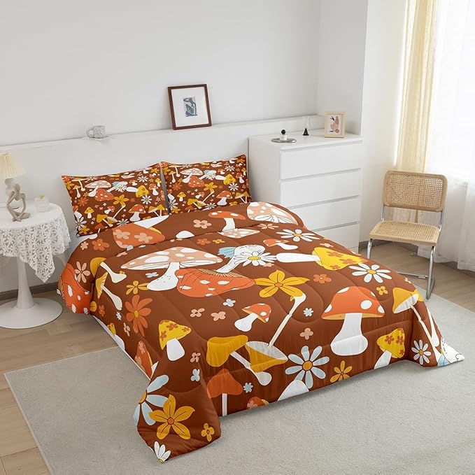 Castle Fairy 60s 70s Retro Hippie Bedding Comforters King Size,Groovy Flowers Mushroom Print Comforter Set for Children Xmas Gift,Boho Art Quilt Set Bedroom Decor, 2 Pillowcases