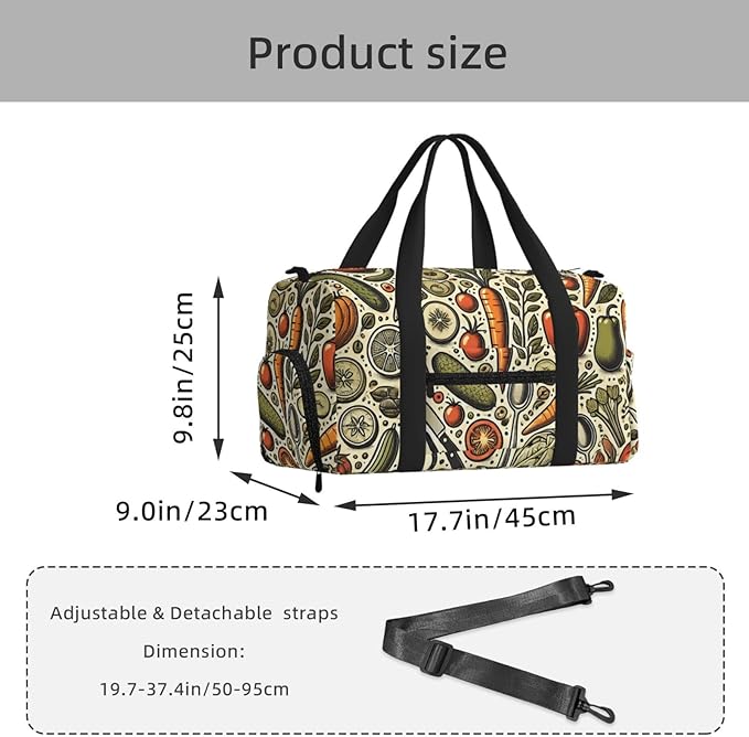 Fresh Vegetables Print Gym Bag with Shoe Compartment for Women Men, 17.7in Sports Duffle Weekender Tote, Overnight Travel Duffel Bag Carry On