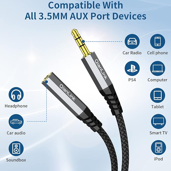 QianLink Headphone Extension Cable, (2-Pack, 6.6ft) 3.5mm Extension Audio Male to Female Aux Adapter Hi-Fi Sound Stereo Extender TRS Cord for Headset, iPhone, iPad, Smartphones, Tablets Media Players