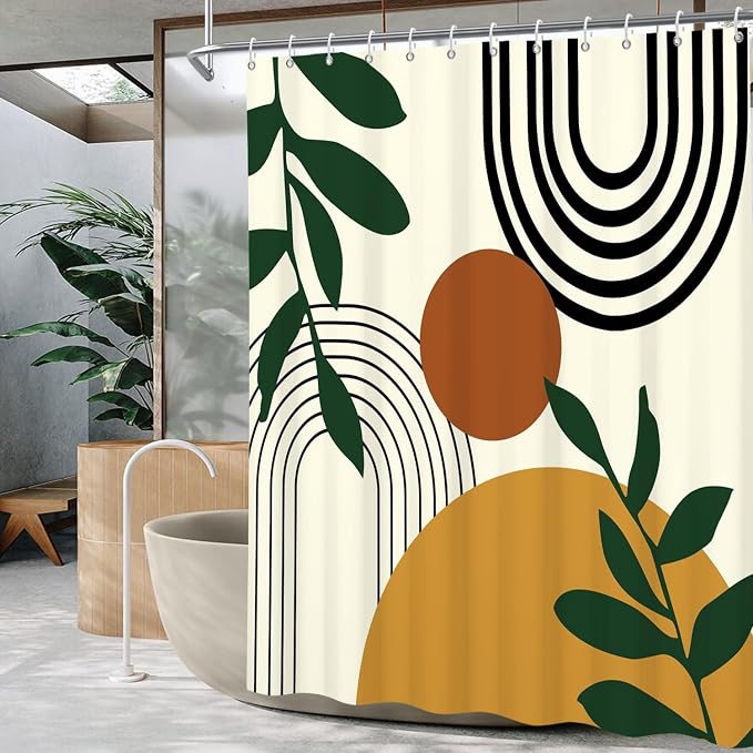 Boho Geometric Shower Curtain Beige Mid Century Abstract Arch Curve Bathroom Curtain Minimalistic Sun Shower Curtain Sets for Bathroom Extra Long 72x72 in with 12 Hooks
