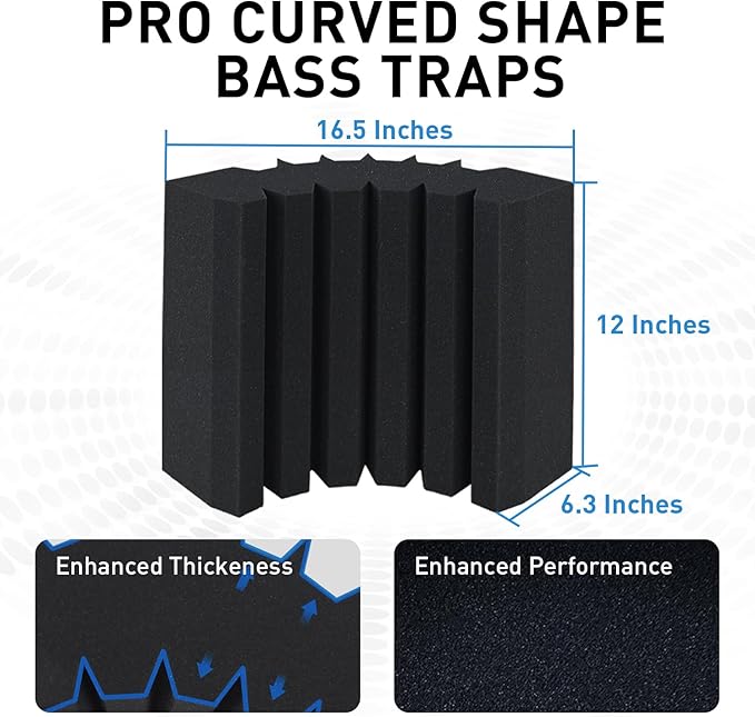 4 Pack Curved Bass Traps Corner Acoustic Foam, Large Size 16.5" X 6.3" X 12" Sound Absorbing Corner Bass Traps for Studio and Home Theater Low Frequency