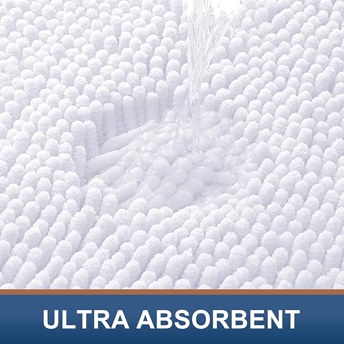 Smiry Luxury Chenille Bathroom Rugs 47x24, Extra Soft and Absorbent Shaggy Bath Mat, Machine Washable, Non-Slip Plush Carpet Runner for Tub, Shower, and Floor, Home Decor Accessories, White