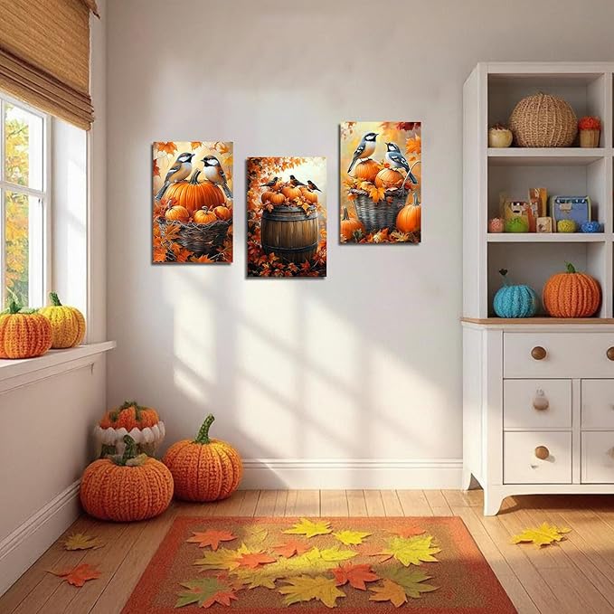 YMXDYMJSW Autumn Wall Art 3 Pieces Pumpkin with Sparrows Picture Prints Fall Harvest Birds Canvas Painting Thanksgiving Theme Artwork for Farmhouse Decor Frame (Yellow,12.00" x 16.00" x 3PCS)