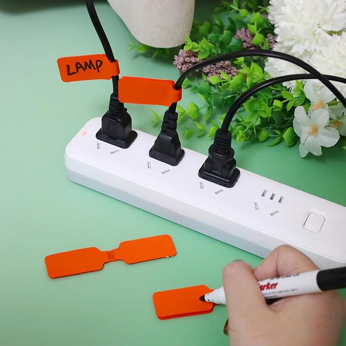 50 Pieces Cord Labels Self-Adhesive Nylon Cable Labels Tags Waterproof Wire Cable Tags or Electronics Office Computers Management and Identification (Orange)