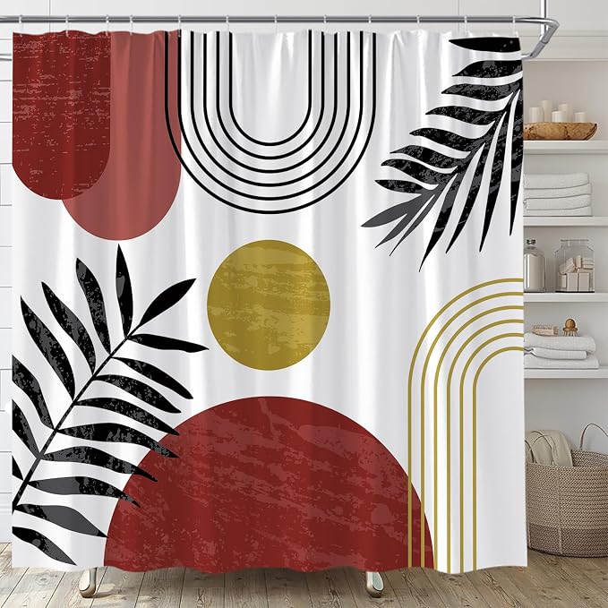 Mid Century Modern Shower Curtain Boho Red Abstract Retro Aesthetic Fabric for Bathroom Decor Bathtub with Hooks (70" WX84 H)