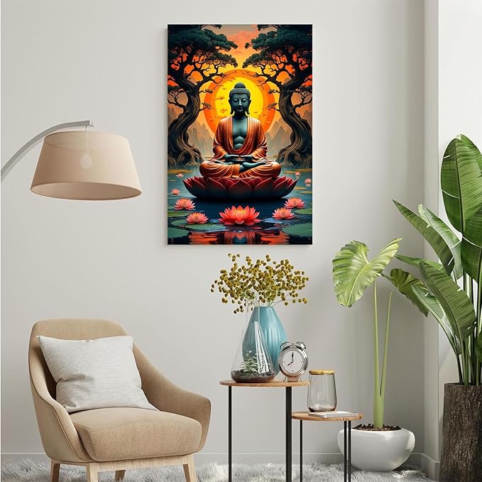 Canvas wall art Golden Buddha on lotus at sunset Ancient trees with reflections on water Serene meditation scene Uplifting wall art for mindfulness and tranquil home decor 20x30in Wood Framed