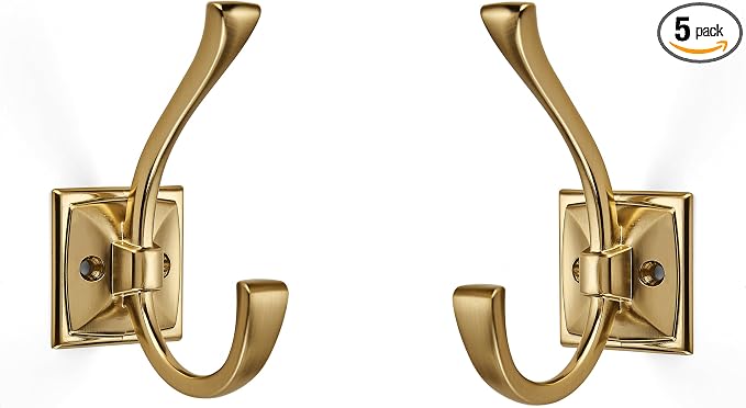 Large Wall Hooks 5 Pack Champagne Brozne Coat Hooks Hardware Towel Hooks for Hanging Coats 4.35 Inch Double Robe Hooks Wall Mounted with Screws for Key, Towel, Bags, Cup, Hat