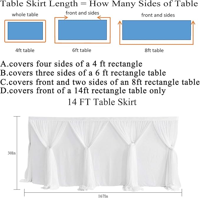 Besutolife White Tulle Table Skirt 14ft Wrinkle-Free Tutu Tablecloth for Gender Reveal, Wedding, Birthday, Reception, Banquet, Photo Booth, Party Table Decorations