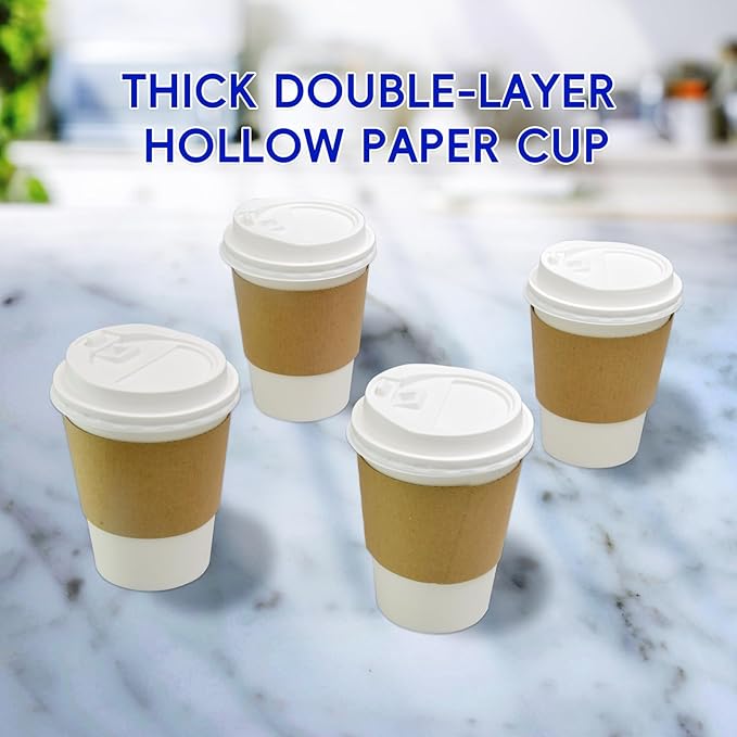 100 Pack 12oz Disposable Coffee Cups With Lids straws sleeves, Disposable cups, Paper Cup, Tea Cups for Hot To Go Coffee k cups with lids, Cupping set,Beverages, shop Home Office Party Travel