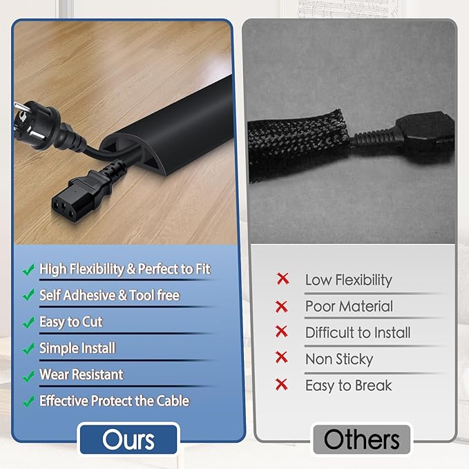 Floor Cord Cover for Wires on Floor Self Adhesive Cord Hider Floor Cable Management Wire Covers for Cords Protector Prevent Cable Trips Cord Cavity W 0.47" x H 0.27", Black, 10Ft