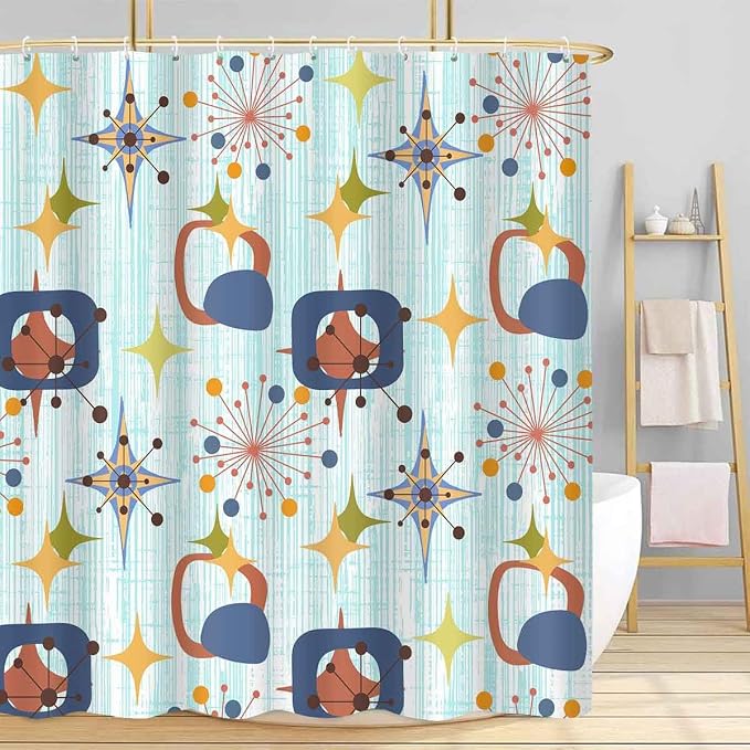 Mid Century Shower Curtain, 72x72inch, Modern Abstract Retro Blue Striped Geometric Shower Curtain Sets 1950s Boho Bathroom Shower Curtain with 12 Hooks