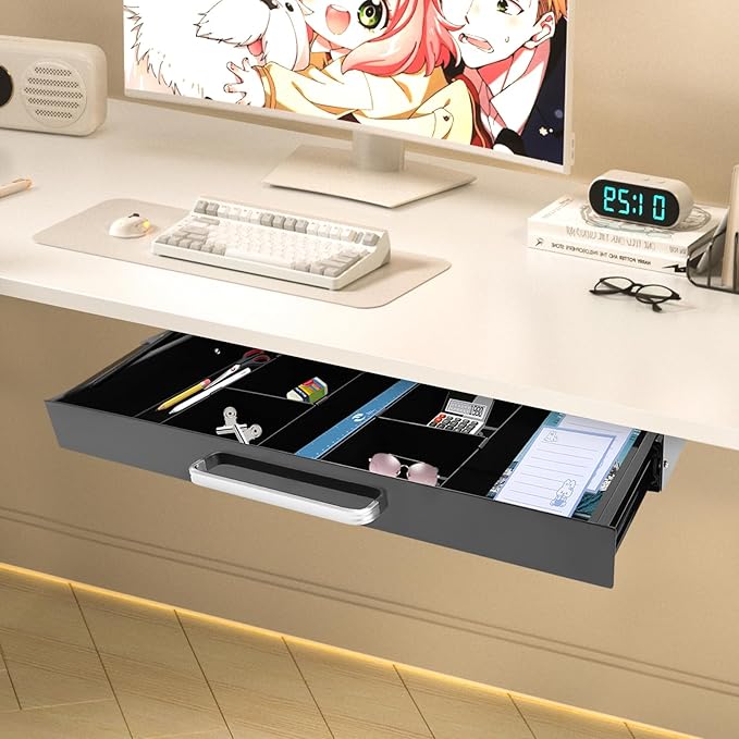 21.5" Under Desk Storage Drawer, Black Sliding Pull-Out Drawer for Sit Stand Workstation