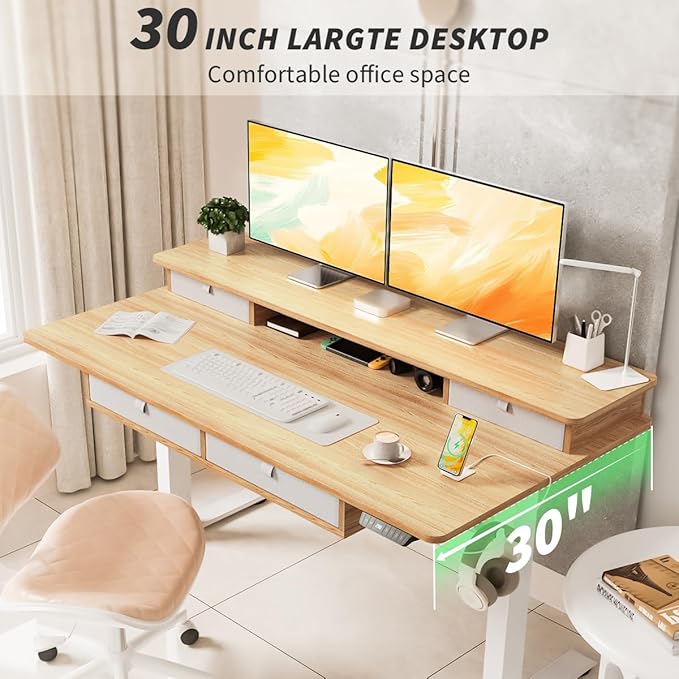 Kingant Standing Desk with Fast Charging USB Ports, 63" x 30" Height Adjustable Home Office & Gaming Desk, Sit Stand Desk with Built-in Storage Shelf, Hook & Ergonomic Design(Maple)