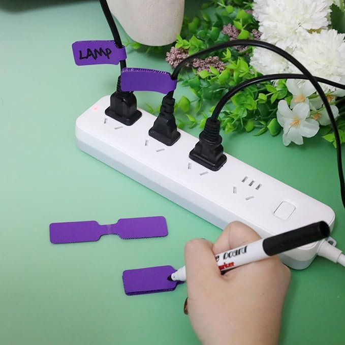 50 Pieces Cord Labels Self-Adhesive Nylon Cable Labels Tags Waterproof Wire Cable Tags or Electronics Office Computers Management and Identification (Purple)