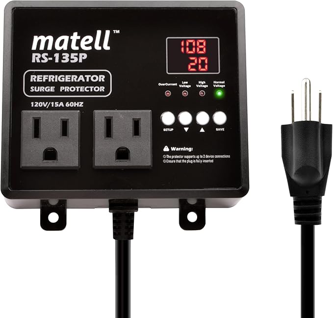 matell Refrigerator Surge Protector, Double Outlet Voltage and Current Protector for Home Appliances with Time Delay, Spike, Instant Surge All Voltage Abnormalities,Protects Against Brownout