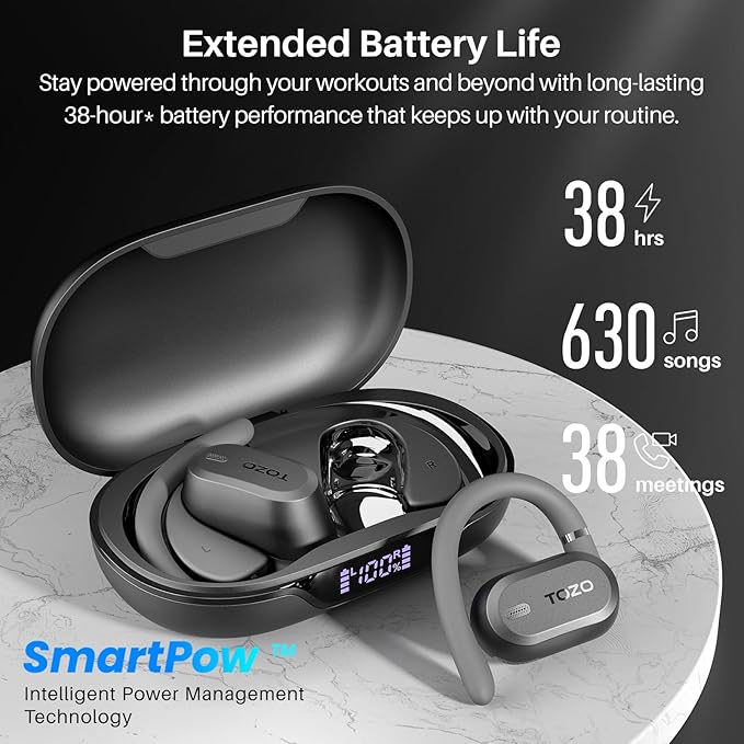 TOZO OpenWear Open Ear Headphones, Adjustable Ear Hooks, Ultra Comfort, Punchy Bass Bluetooth Headphones 5.4 with Smart Digital Display, Immersive Audio Earbuds, Fast Charging for Running, Office