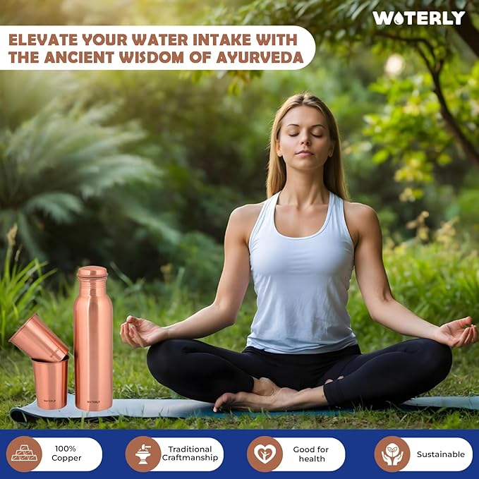 Plain Copper Water Bottle (34 Oz /1000ml) With Set Of 2 Tumbler (10 Oz/300ml Each) | Best use for Office,Gym & gifts |100% Pure Copper Material with Leak proof Quality Made In India