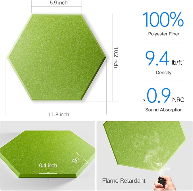 16 Pack Self-Adhesive Acoustic Panels 12" X 10" X 0.4" - Sound Proof Foam Panels for Wall with High Density, Hexagon Design, Flame Resistant, Absorb Noise and Eliminate Echoes(Olive Drab)