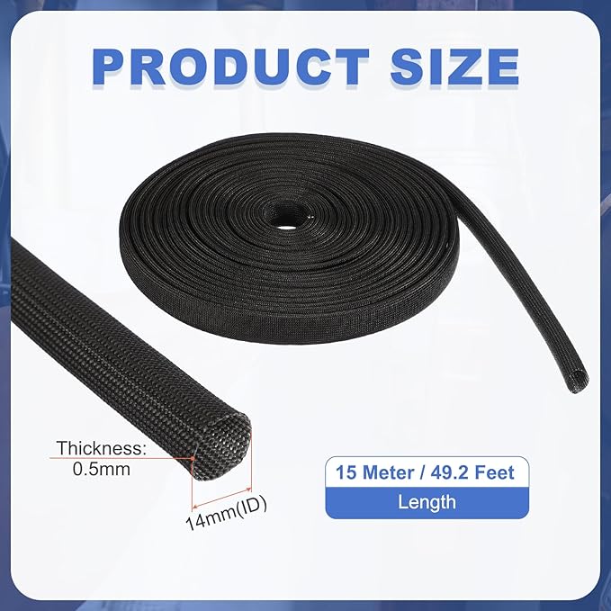 uxcell Insulation Cable Protector,14mm/0.55 Inch-15 Meter/49 Feet High Temp Fiberglass Sleeve Black