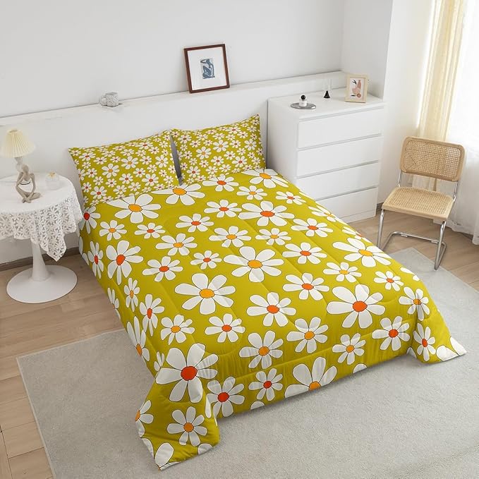 Hippie Flowers Comforter Set Full Size,70s Retro Floral Bedding Comforters Room Decor,Groovy Cartoon White Daisy Quilt Set with 2 Pillowcases,Teens Present