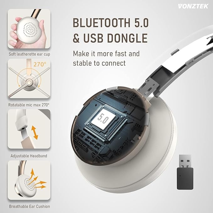 Vonztek Wireless Headset, Trucker Bluetooth Headset with Microphone Noise Canceling & Mute, Bluetooth Headphones with USB Dongle for Cell Phone Computer Call Work Home Office Meetings Teams Skype