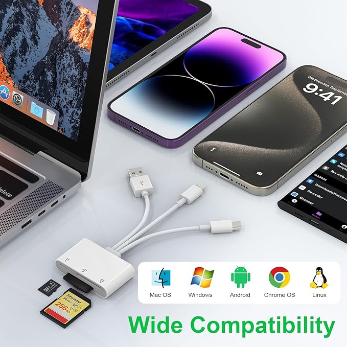 XD Card Reader, SD Card Reader for iPhone, 3 in 1 SD/TF/XD Card Reader Adapter for iPhone/USB C Device, Lightning+USB A+USB C XD Picture Card Adapter for iPhone 16/15/14/iPad/PC/Android
