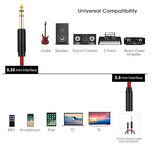 6.35 Male to Female 3.5 Headphones Adapter,TRS 1/4 to 3.5mm Stereo Cord 6.35mm 1/4 Male to 3.5mm 1/8 Female for Amplifiers, Guitar Amp, Piano, Home Theater Devices, or Mixing Console (20Ft/6M)
