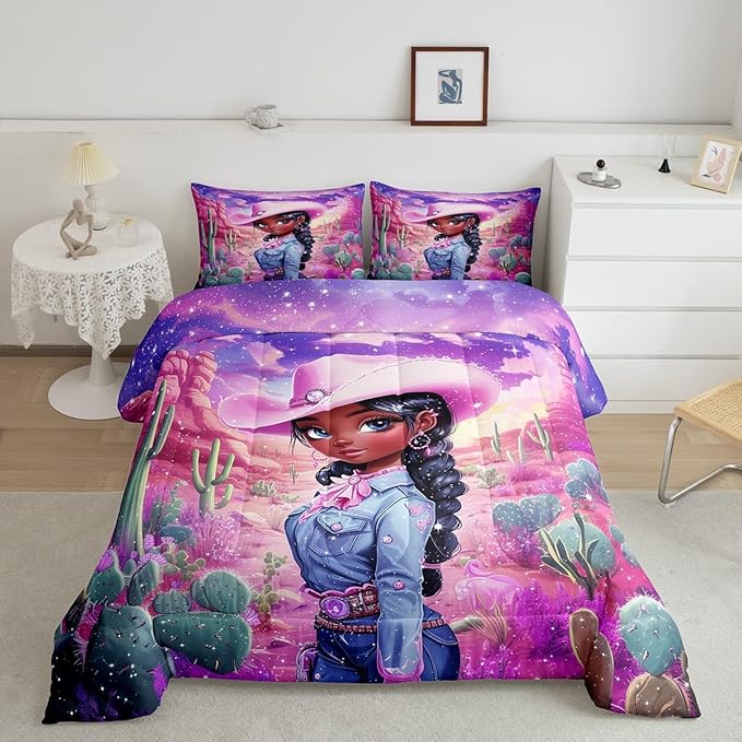 Western Cowgirl Comforter Set Twin Size,Reversible African Style Cute Girl Print Black Bedding Set for Kids Boys Men,Dreamy Stars Purple Galaxy Sparkling Quilted Duvet Set with 1 Pillowcase