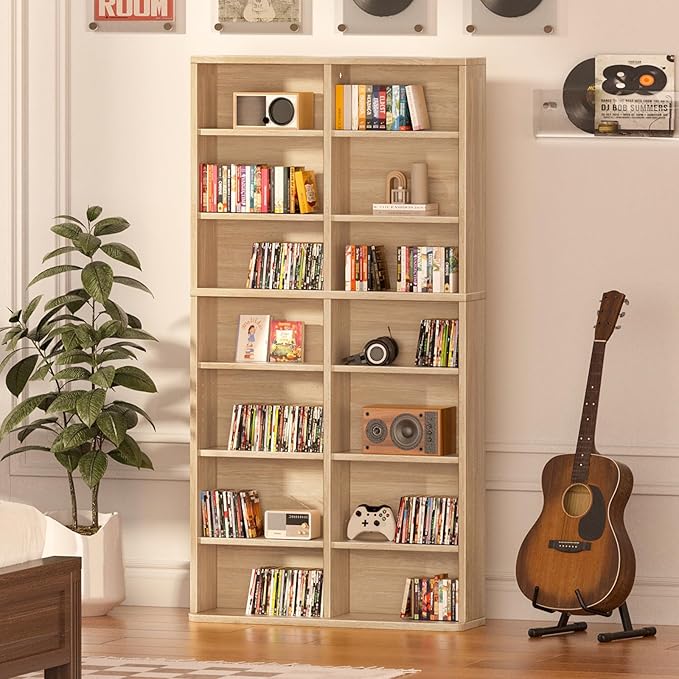 LELELINKY 7 Tier Tall Display Cabinet, Natural Media Storage Cabinet with Adjustable Shelves, Free Standing DVD Organizer Shelf, Floor multimedia storage manga bookshelf for Living Room & Home Office.