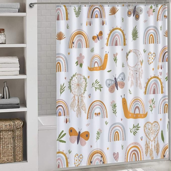 Rainbow Shower Curtain for Bathroom, Kids Girls Baby Cute Lovely Retro Vintage Boho Rainbow Pastel Aesthetic Bohemian Waterproof Fabric Shower Curtain Set with Hooks, 72"x78" Inch