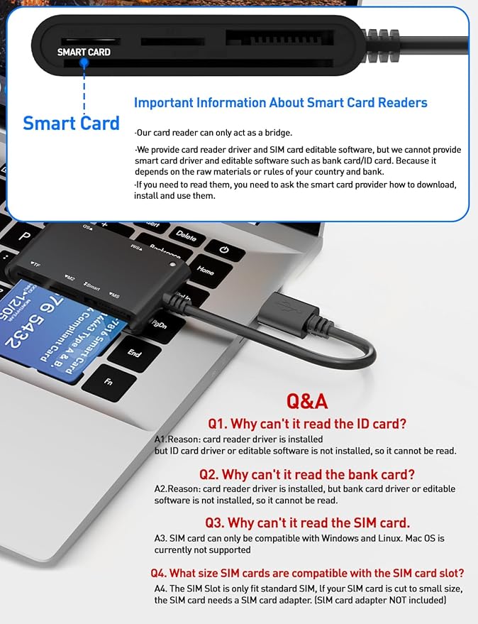 SIM Card Adapter for Computer - 7 in 1 CAC Smart Card Reader Military, MS Pro Duo/SD/TF/M2/ID/IC/PIV/SIM Card Reader, Memory Stick Pro Duo Adapter SIM Card Reader for Computer,PC,Windows,Linux,MacOS