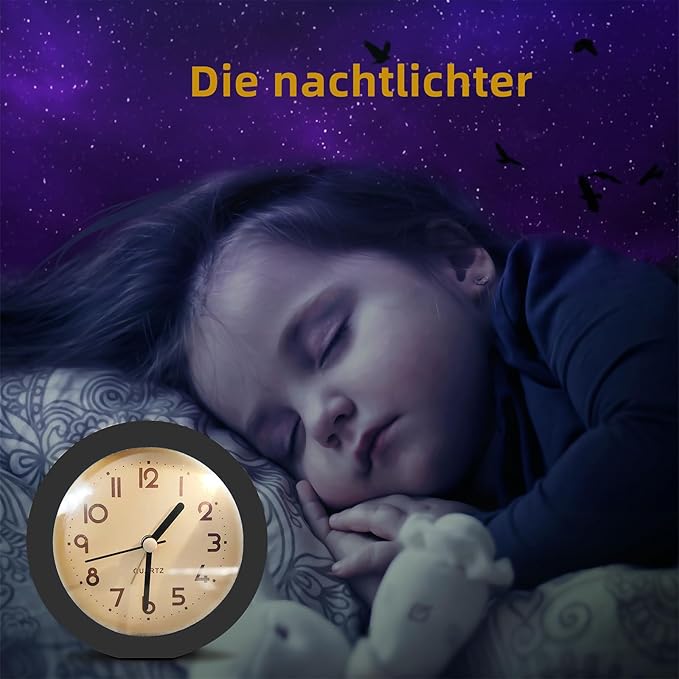 HIQU and HIST Alarm Clock with Backlight, 4 Inches Cute Analog Round Digital Quartz Clock, Non Ticking, Battery Operated,Simply Design for Living Room, Bedroom,Bedside, Desk Decorative (Black)