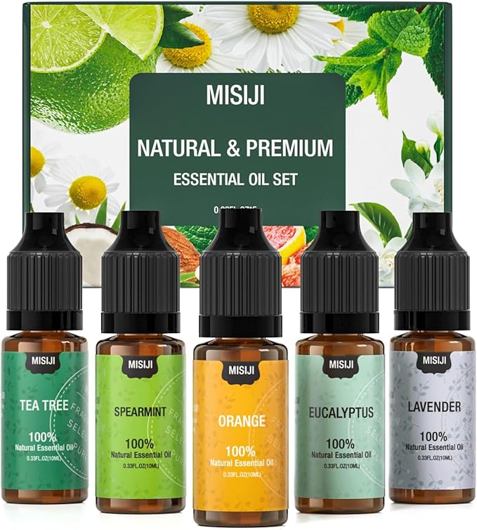 MISIJI Essential Oils for Diffuser for Home, Top 5 Aromatherapy Oils,Candle&Soap Making,10ml（Orange, Lavender, Peppermint, Eucalyptus, Tea Tree）