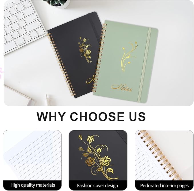 Joyberg Aesthetic Spiral Notebook, 2PCS Cute Notebook, 8.3" x 6" Notebook For Women, A5 Spiral Journal Notebook for Office/School/Home (Green & Black)