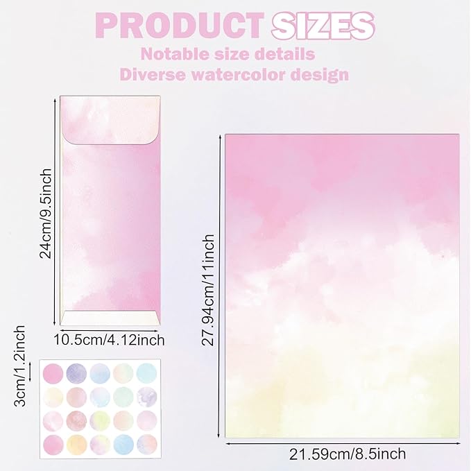 EggSun 250Pcs Watercolor Stationery Paper and Envelope Set with 100 Letterhead Papers and 50 Envelopes, 10 Design for Letter Writing Invitations Computer Holidays Party Notes, 8.5x11 Inch-Aesthetic