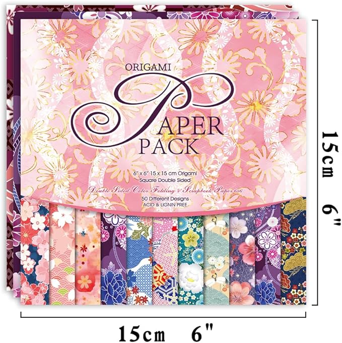Origami Paper Kit 50 Sheets 70GSM 6 Inch Square Double Sided Color 50 Vivid Japanese Washi Chiyo Colors for Hand Crafts Origami Paper Arts Creativity.Japanese Sakuras
