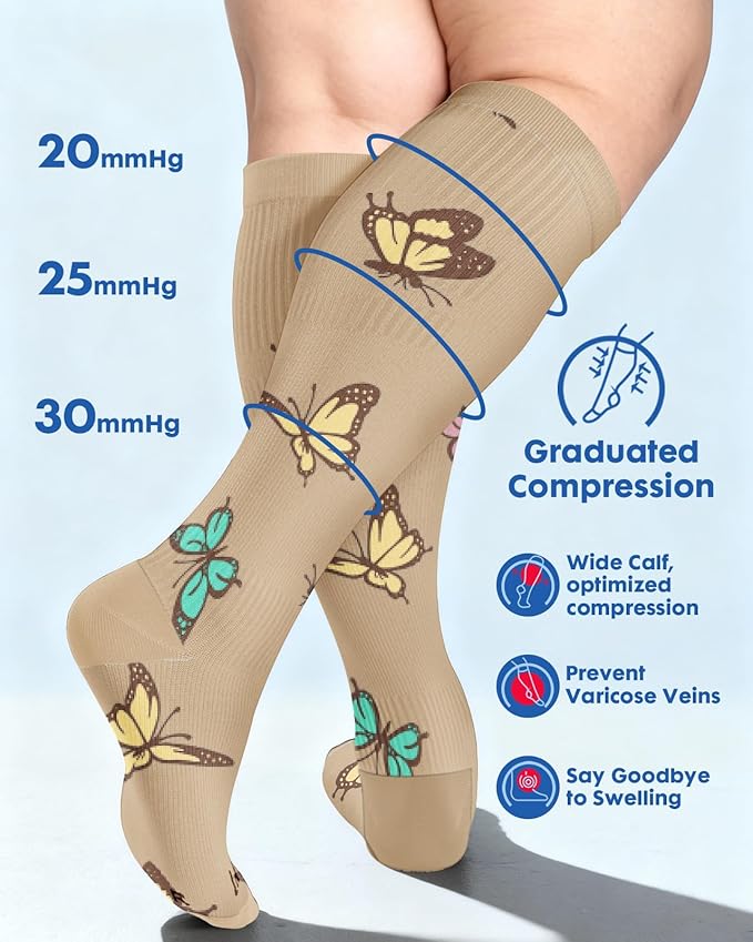 Wide Calf Compression Socks for Women - 3-Pair Plus Size 20-30mmHg Ankle Support Easy on off Socks for Travel Nurse