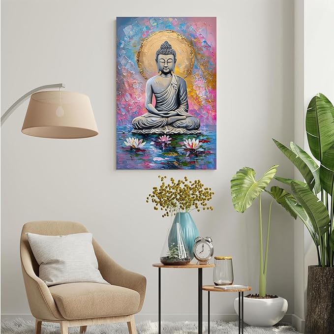 Lotus and golden Buddha meditation tranquil zen wall art mindfulness wall art for spiritual harmony and tranquility decor 16x24in Frameless