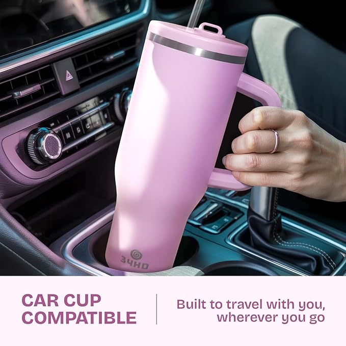 34HD 40 oz Stainless Steel Tumbler - Leakproof Insulated Water Bottle with Handle, Magnetic Lid and Flexible Straw - Iced for 48 Hours – Perfect for Men, Women, Birthday Gift, Pink - Blush Petal