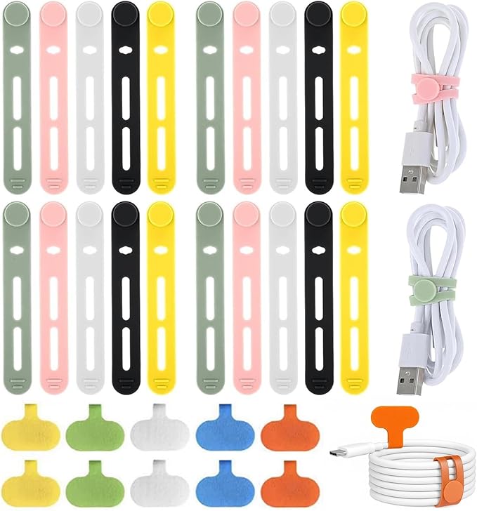 FenrFern 30Pcs Silicone Cable Ties, Reusable Cable Straps Cord Organizer for for Bundling Earphone, Phone Charger, Computer Cords in Home, Office, Kitchen, School (20 Cable Ties+10 Cord Labels)