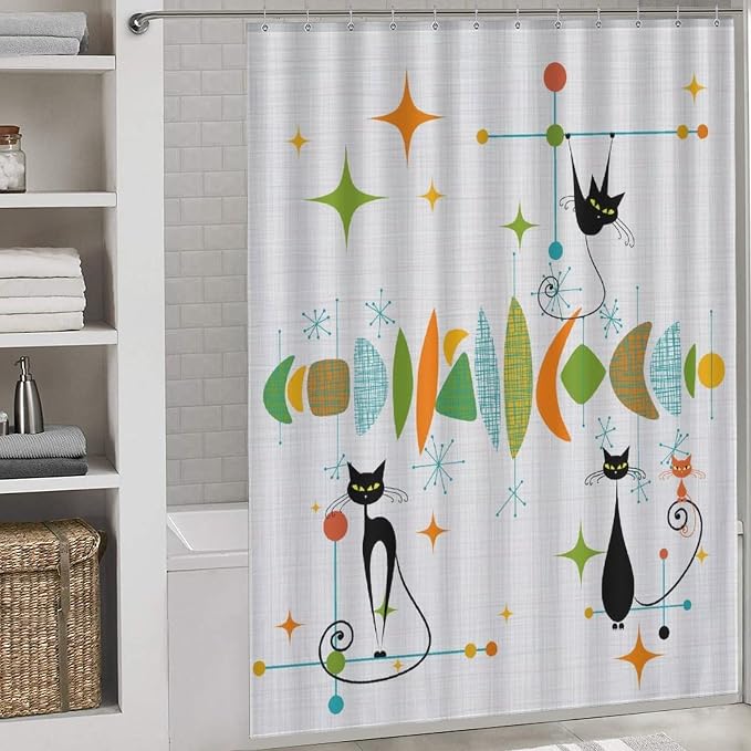 Mid Century Modern Shower Curtain, Retro Geometric Atomic Abstract Black Cat Pattern Middle Century 1950s 1960s Colorful Waterproof Fabric Bathroom Shower Curtain Set with Hooks, 72"x72" Inch
