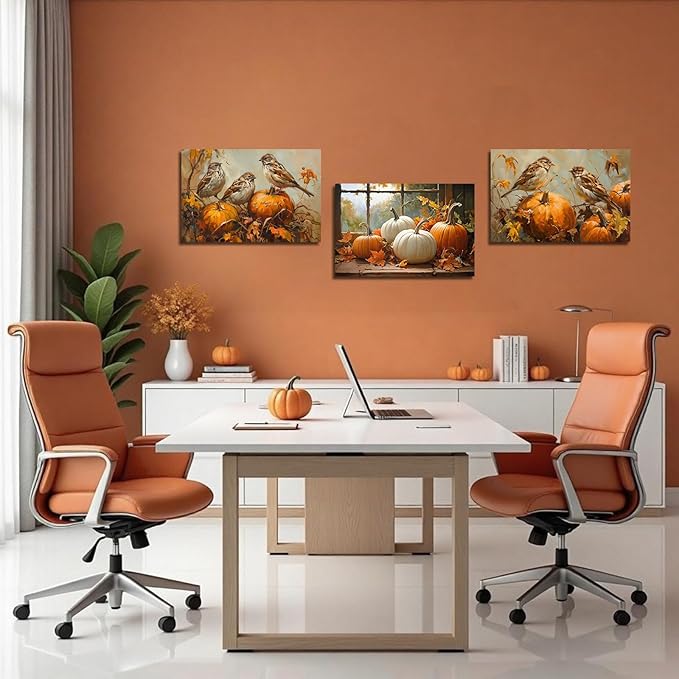 YMXDYMJSW Autumn Wall Art 3 Pieces Pumpkin with Sparrows Picture Prints Fall Harvest Birds Canvas Painting Thanksgiving Theme Artwork for Farmhouse Decor Frame (Gold,11.00" x 14.00" x 3PCS)