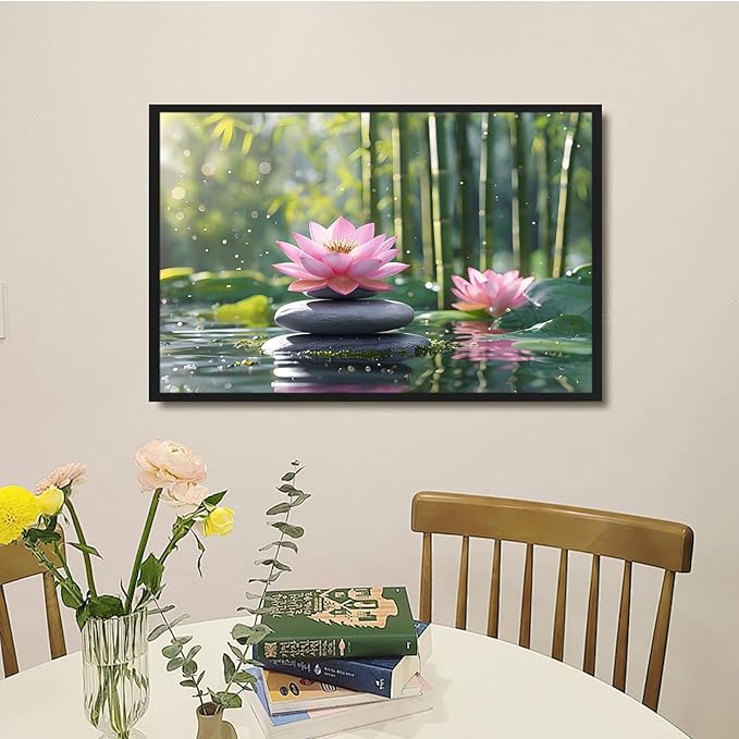 Ethereal pink lotus on obsidian Sunlit bamboo forest with sparkling water drops Poetic nature inspired wall art for tranquil homes and mindful spaces 20x30in Metal blackFramed