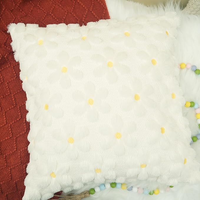GEEORY Daisy Soft Plush Pillow Covers, 20 x 20 Inch Set of 2, Fluffy Faux Fur Wool Decorative Farmhouse Cushion Case for Sofa Home Decoration Cream GC030-20