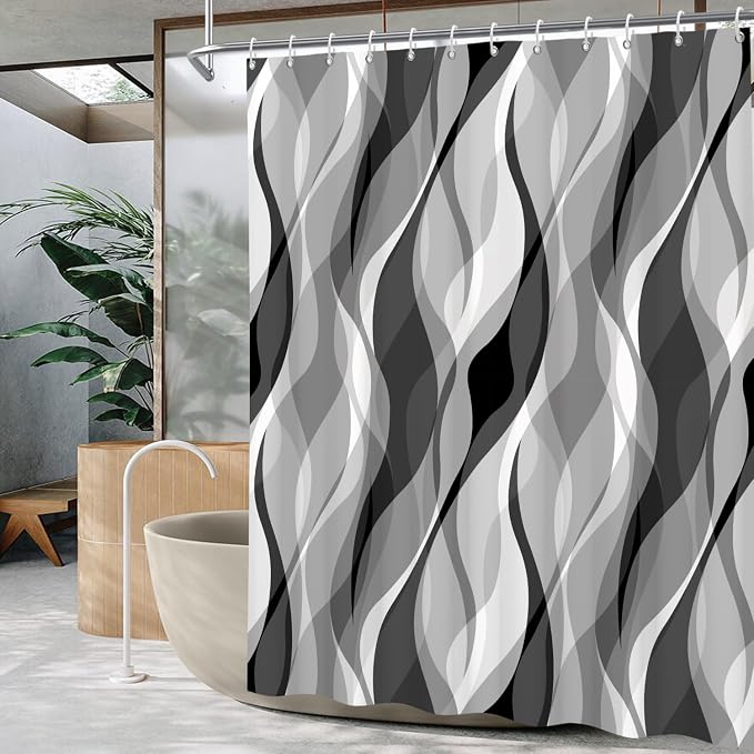 Grey Shower Curtains Black and White Modern Abstract Striped Bathroom Curtain Minimalist Geometric Polyester Shower Curtain Sets for Bathroom Extra Long 72x96 in with 12 Hooks