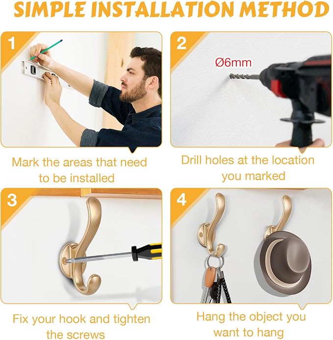 6 Pack Coat Hooks Wall Mount Heavy Duty Utility Retro Double Hooks for Hanging Coats,Hat, Towel, Key, Robe, Scarf, Bag, Cap (Gold)