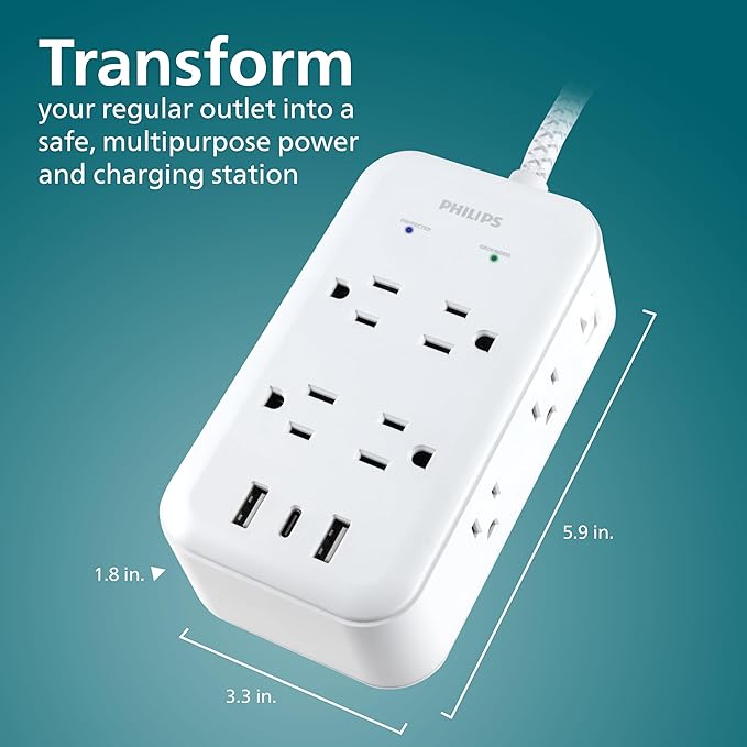 Philips Surge Protector, 8 Outlet, 2 USB-A, 1 USB-C, 17W, 3120J, Braided Cord, 6ft, White