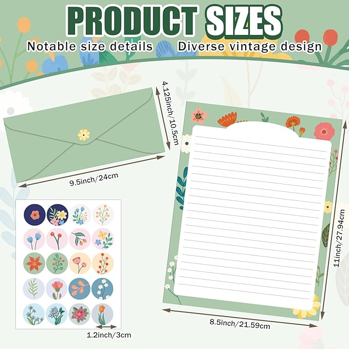 EggSun 250Pcs Cute Stationery Paper and Envelope Set with 100 Letterhead Papers and 50 Envelopes,10 Design for Letter Writing Invitations Computer Holidays Party Notes, 8.5x11 Inch- Lined Flower