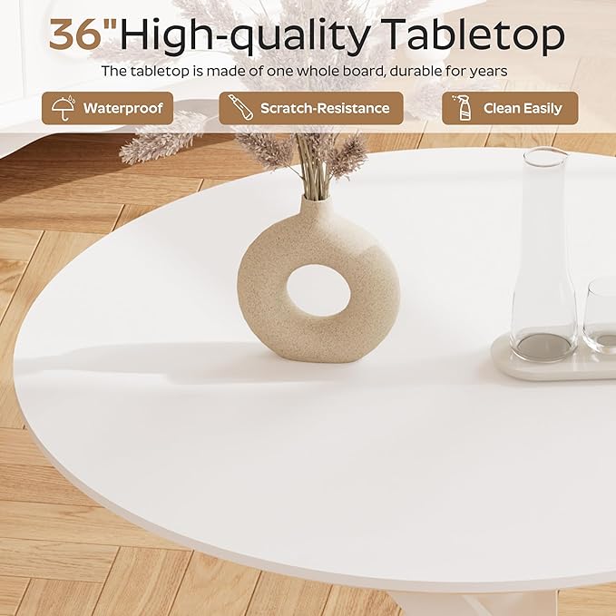 RGZ Mid Century White Round Dining Table Set for 4, 36" Small Wooden Circle Kitchen Table & 4 Black PU Leather Kitchen Chairs, Dinner Table Set for Home, Apartment, Dining Room